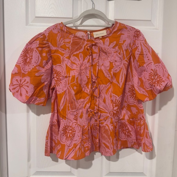 MELLODAY Tops - Melloday Womens Pink Orange Floral Puff Sleeve Peplum Tie Front Blouse Large